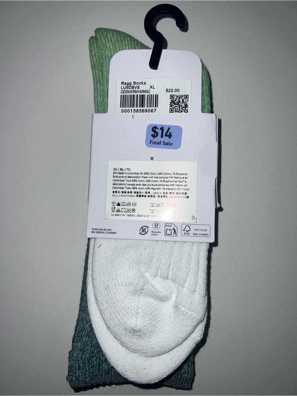 lululemon Green Ombre Ragg Crew Socks XL (Men’s 11-14)